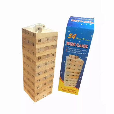 Игра-башня «Wiss Game» (аналог Дженги) с цифрами — 54 деревянных бруска + кубики