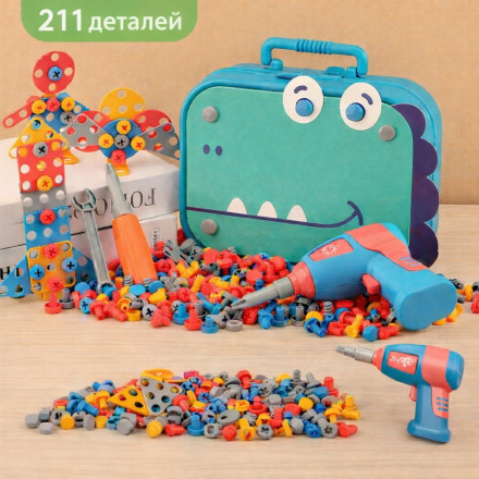Детский конструктор с электрической дрелью в чемоданчике (211 деталей) 