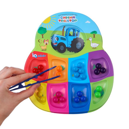 Сортер на 8 цветов «Синий трактор Весёлые бусинки», с пинцетом, по методике Монтессори