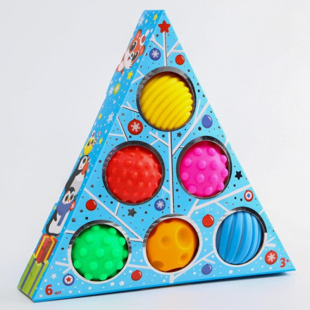 Подарочный набор развивающих мячиков «Голубая ёлочка», 6 шт., новогодняя подарочная упаковка, Крошка Я